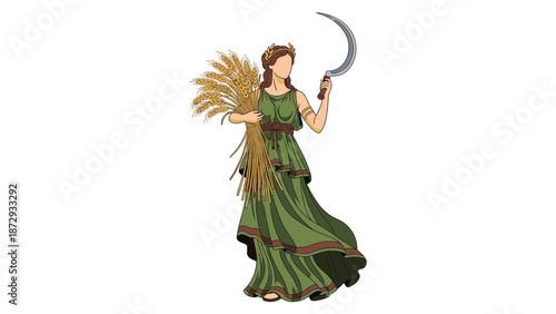 Illustration of Demeter, the ancient Greek goddess of the harvest and agriculture, holding a sheaf of wheat and a sickle.