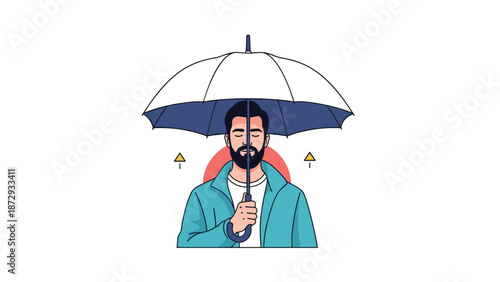 Calm bearded man with his eyes closed, holding a large umbrella over his head, symbolizing protection, safety, and peace of mind.