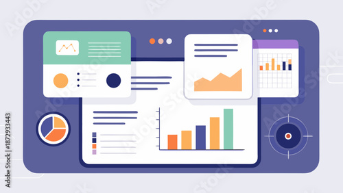 Modern dashboard interface with colorful charts, graphs and data widgets representing digital analytics and performance tracking