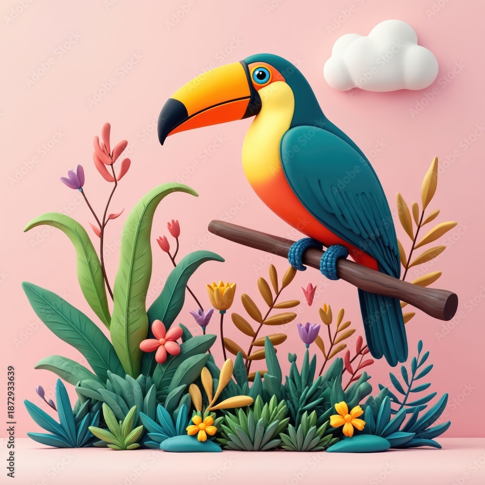 Fototapeta premium Illustration of toucan bird on branch with green plants and pink background. Cartoon clip art toucan sits on jungle foliage. Exotic bird concept for kids. Cloud in the sky.