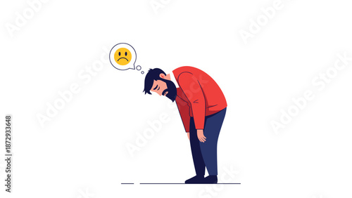 Sad and tired bearded man bent over with a sad face emoji in a thought bubble, depicting depression, sadness, and exhaustion.
