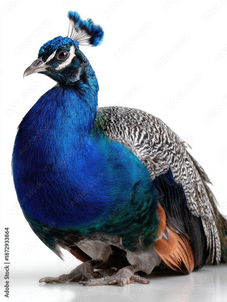 Fototapeta premium A blue and white peacock is standing on a white background