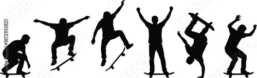 Set of Skateboarder Silhouettes Performing Various Kickflip Air and Handplant Stunts Isolated on White Background for Extreme Sports Graphic Design Elements
