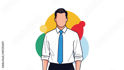 Faceless illustration of a professional man in a white shirt and blue tie, with colorful abstract circles in the background.