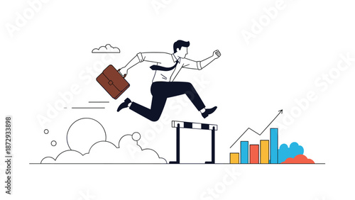 Businessman with a briefcase jumping over a hurdle with a rising bar graph in the background, symbolizing overcoming business challenges.