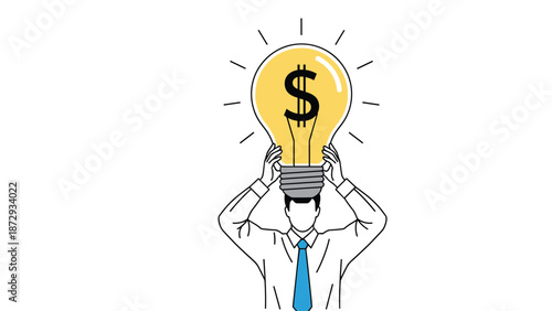 Businessman with his head replaced by a glowing lightbulb with a dollar sign, symbolizing a profitable idea or financial innovation.