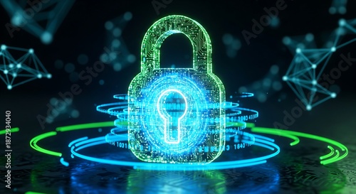 Glowing neon lock with digital circuit patterns for cybersecurity