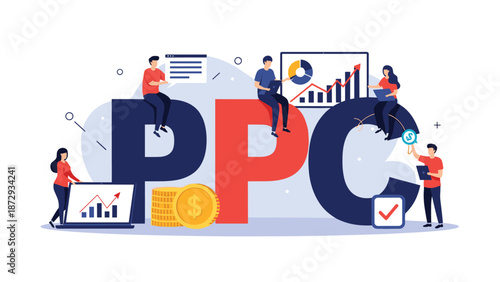 PPC or Pay-Per-Click advertising concept with business people analyzing charts, managing campaigns, and investing money for online marketing.