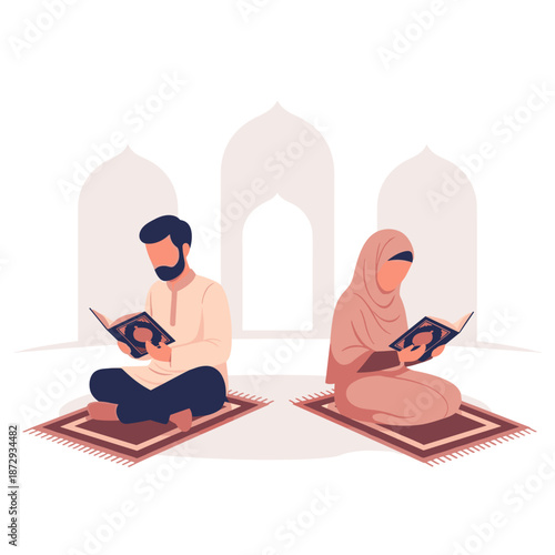 A serene scene of a man and woman engaged in worship activities inside a peaceful mosque, surrounded by arches and calm atmosphere.
