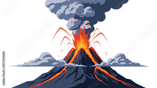 Dramatic illustration of a powerful volcano erupting, spewing hot lava, smoke, and ash into the air from its crater.