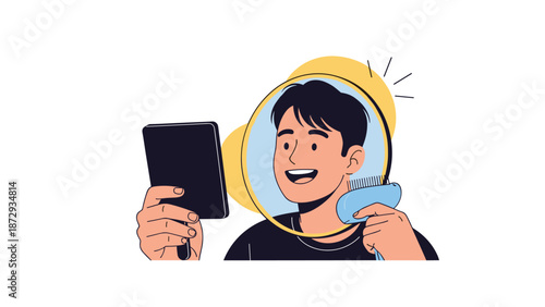 Young handsome man combing his hair while looking in a hand mirror, focusing on his morning routine and personal grooming.