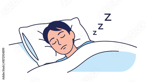 Young man sleeping peacefully in his comfortable bed at night, getting deep rest and dreaming for good health and relaxation.