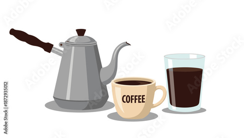 Morning coffee set with a gooseneck kettle, a warm mug, and a glass of black coffee for a caffeine boost to start the day.