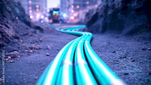 Glowing fiber optic cables laid through underground trench illustrating high speed data transmission, network infrastructure, and modern connectivity