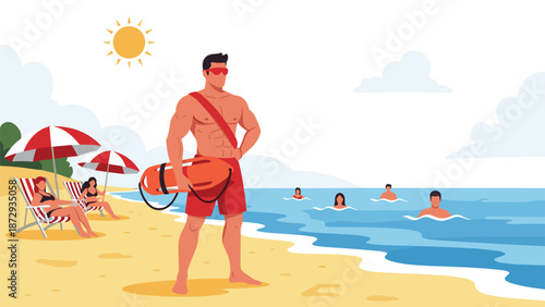 Professional lifeguard on duty at a sunny beach, watching over swimmers in the ocean to ensure their safety during summer.