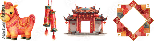 Watercolor Chinese New Year 2026 elements set, horse, hanging firecracker, temple gate, and frame border isolated on transparent background