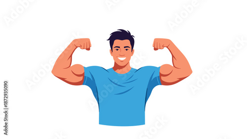 Strong and healthy young man smiling confidently while flexing his biceps, showing off his muscles and physical fitness.