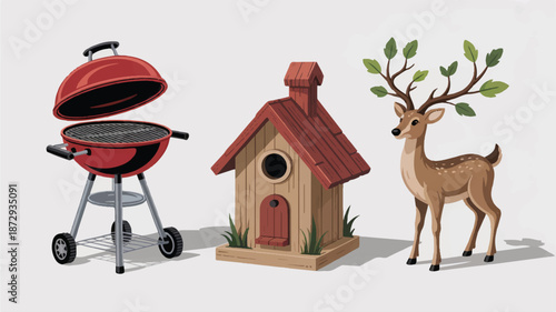 cartoon deer with antlers and leaves next to birdhouse and barbecue grill