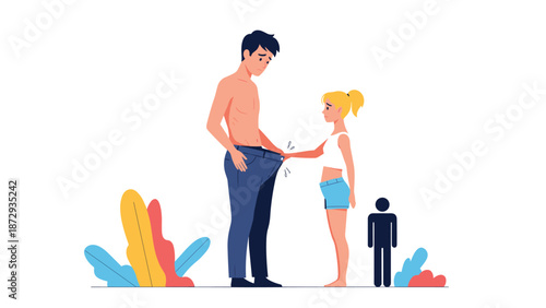 Sad thin man looking at his loose, oversized pants after weight loss, with a woman pointing, illustrating a change in body.