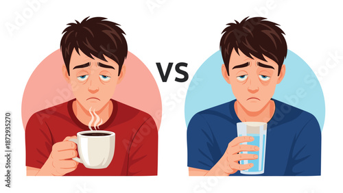 Comparison of a tired man drinking coffee versus drinking water, illustrating a choice for hydration and energy levels.