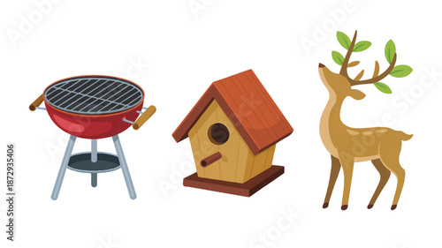 cartoon outdoor objects and animal on white background
