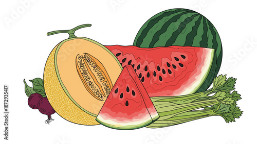 Fresh and healthy assortment of water-rich fruits and vegetables, including watermelon, cantaloupe, celery, and beets.