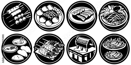 Monochrome Indonesian iconic food icons set including satai, meatball, seafood, and more, perfect for web design
