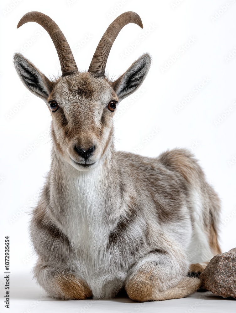 Fototapeta premium A goat is laying down on a white background