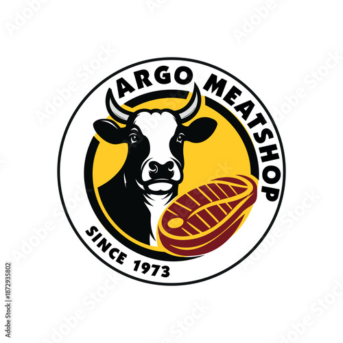 Vintage butcher meat shop logo with cow illustration