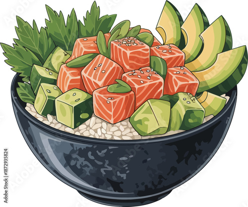 A bowl of sushi rice topped with salmon sashimi and avocado slices.