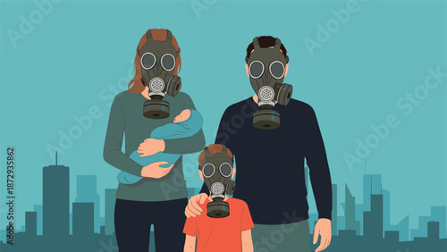 Family wearing gas masks to protect themselves from air pollution, standing against a backdrop of a contaminated city.