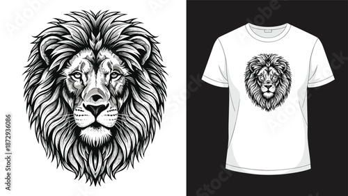 Hand-drawn portrait of a majestic lion head with a powerful gaze, shown as a vector illustration and a t-shirt print design.