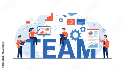 Business team concept with diverse professionals working together on a project, analyzing data and collaborating for success.