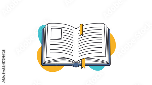 Simple cartoon illustration of an open book with a yellow bookmark, representing reading, learning, education, or storytelling.