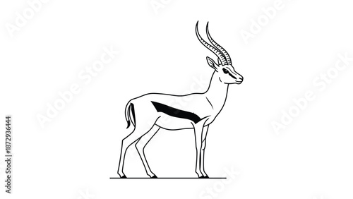 Simple black and white line art illustration of a graceful gazelle or antelope standing in a side profile view for a logo.