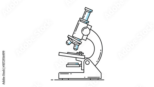 Line art icon of a laboratory microscope used for scientific research, medical analysis, and educational purposes.