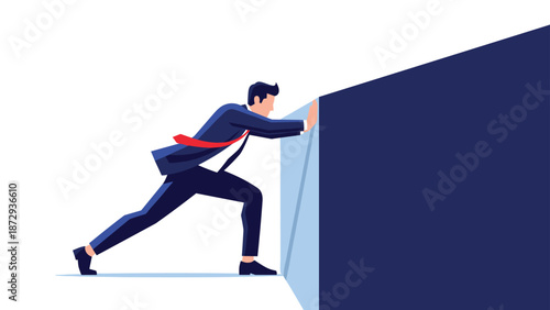 Businessman in a suit pushing against a large wall, symbolizing overcoming obstacles, challenges, and determination in business.