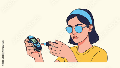 Young woman with sunglasses using a glucometer and lancet device to check her blood sugar level for diabetes management.