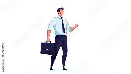 Confident businessman in a shirt and tie walking while holding a briefcase, representing a professional on his way to work.