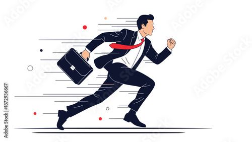 Businessman in a suit running fast with a briefcase, conveying concepts of speed, urgency, and chasing success or deadlines.