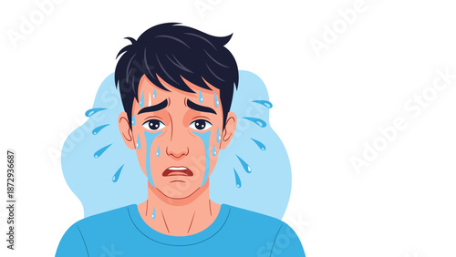 Young man with a terrified and panicked expression, sweating profusely from fear, anxiety, or a very stressful situation.