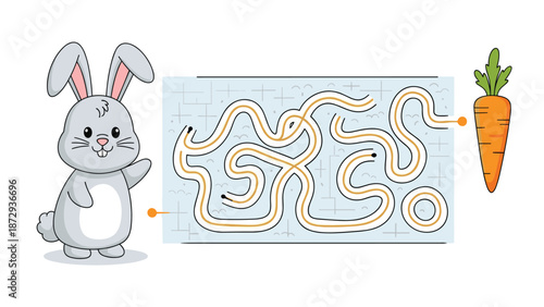 Educational maze game for children with a cute cartoon rabbit trying to find the path to a delicious orange carrot.