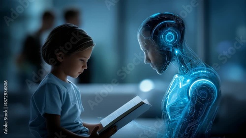 A young child reads a book to a futuristic humanoid robot in a softly lit room, symbolizing the connection between artificial intelligence and human learning. The scene evokes curiosity and wonder