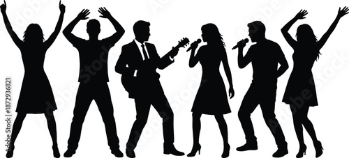 Silhouette of a Lively Musical Band and Group of People Dancing and Singing with Microphones and Guitar at a Celebration Party