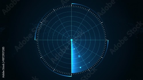 Futuristic digital radar interface data detection and monitoring technology. Blue scanning beam over grid display represents cybersecurity, surveillance systems, advanced digital tracking concepts.