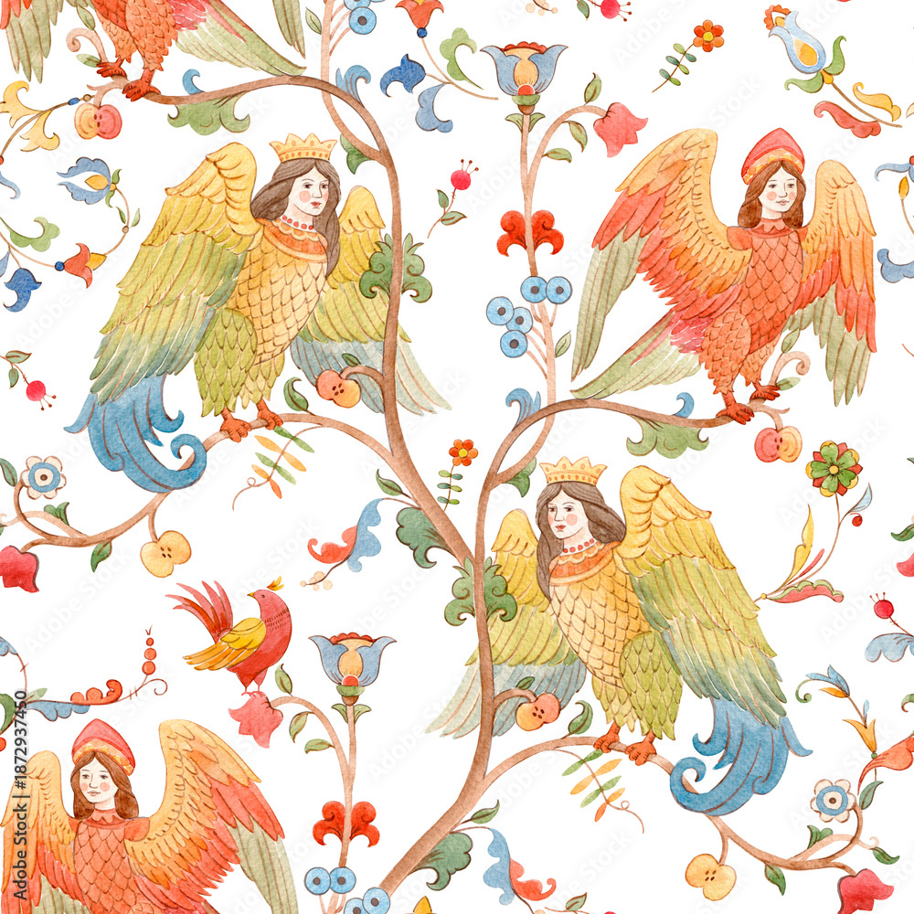 Naklejka premium Whimsical Slavic mythology seamless pattern featuring the Alkonost, a legendary bird with a human face from Russian folklore. Vintage fairytale illustration with ornate branches and floral motifs