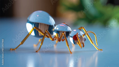 closeup of shiny metallic ant on blue surface