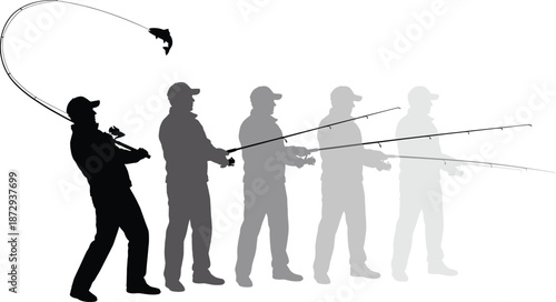 Silhouette Sequence Illustration of a Fisherman Casting a Fishing Rod and Catching a Fish in Multiple Motion Stages Over a White Background