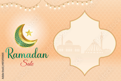 Ramadan Festive Sale Banner With Crescent Moon, Lantern, Podium And Hanging Lights On Beige Background. Vector Illustration For Greetings, E-commerce, Web, Shopping Sale Etc.