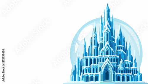 Icy blue castle illustration encased in clear transparent sphere on white background. Elaborate ice castle design features sharp spires and frozen architecture, evoking winter wonderland.